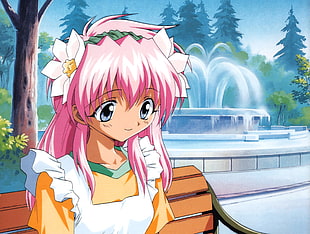girl with pink hair wearing white and orange apron anime