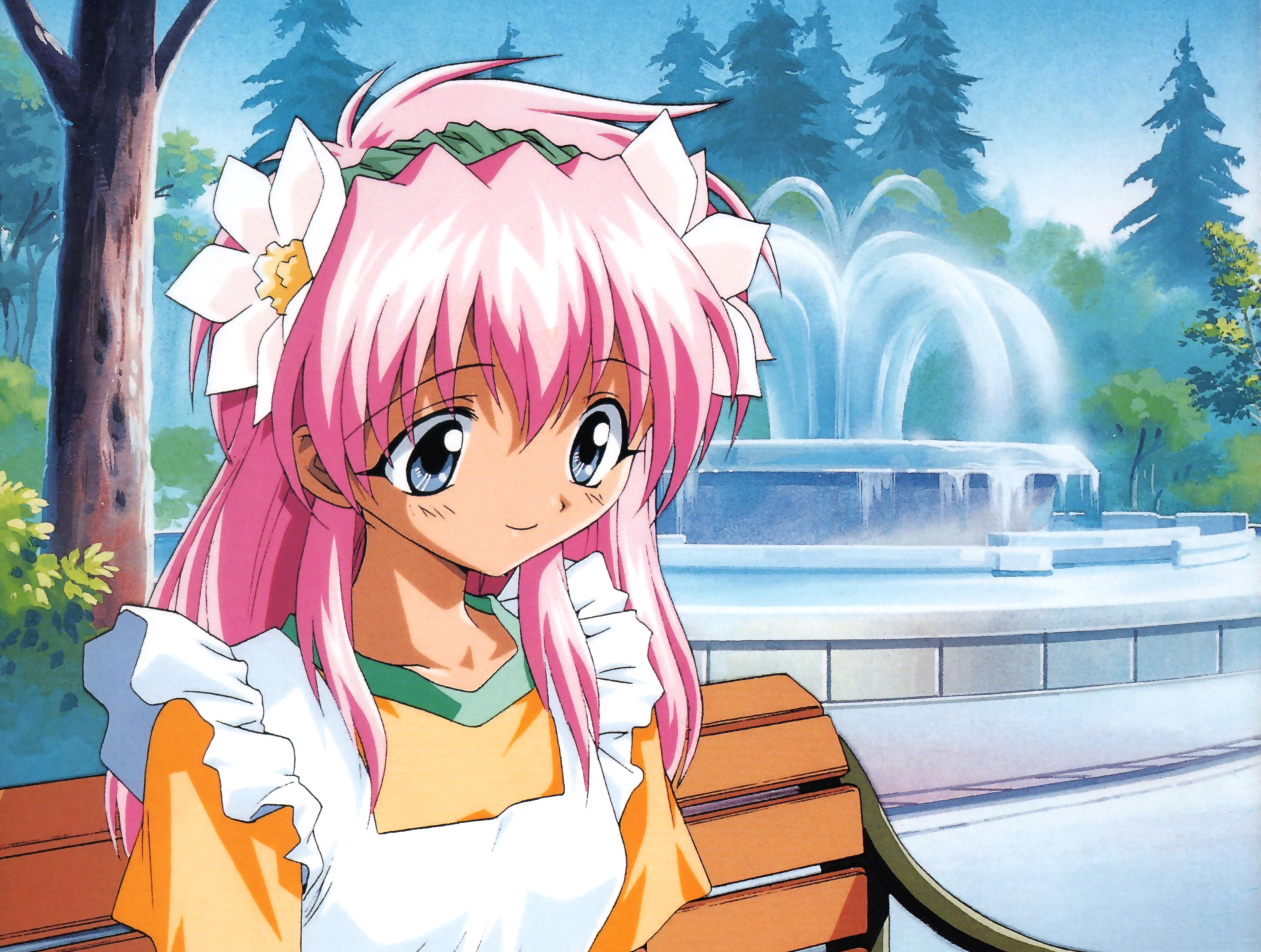 girl with pink hair wearing white and orange apron anime