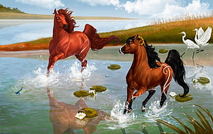 two brown running horses painting HD wallpaper