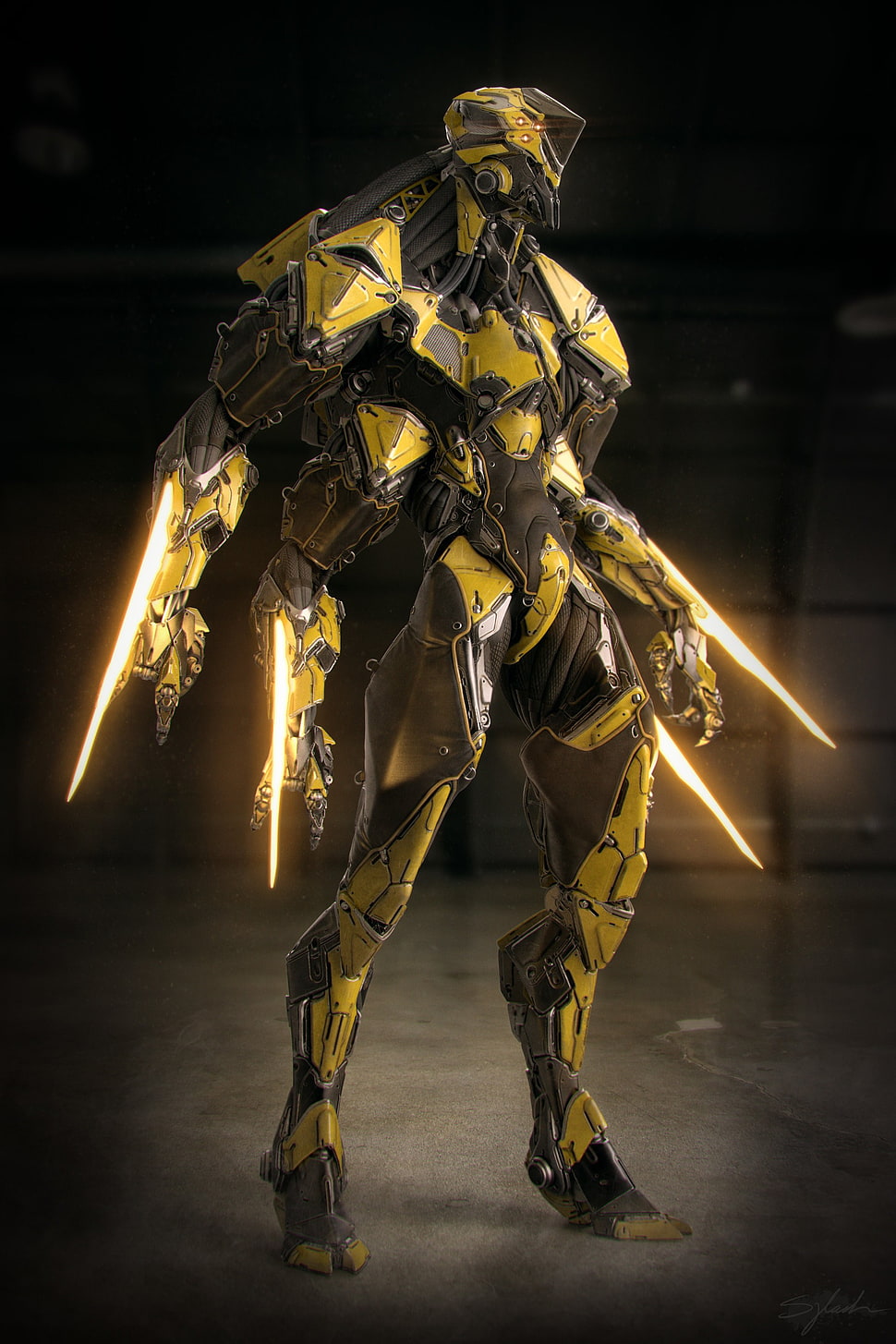 yellow and black robot character with four swords HD wallpaper