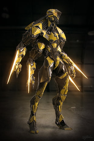 yellow and black robot character with four swords
