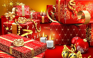 red and gold Christmas gifts illustration, holiday, Christmas ornaments  HD wallpaper