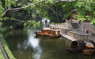 brown wooden boats near walkway during daytime