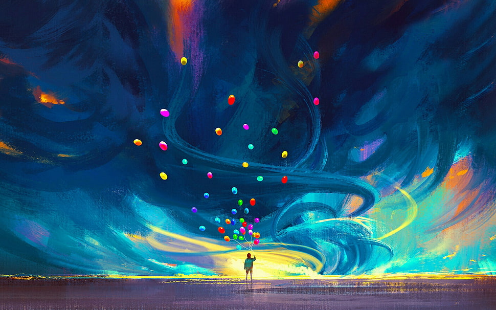 blue and red abstract painting, digital art, balloon, children, painting HD wallpaper
