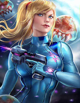 female character with laser gun digital wallpaper, Sakimichan, realistic, Samus Aran, Metroid