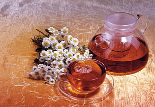 tea filled glass filter pitcher and teacup near bundle of white flowers