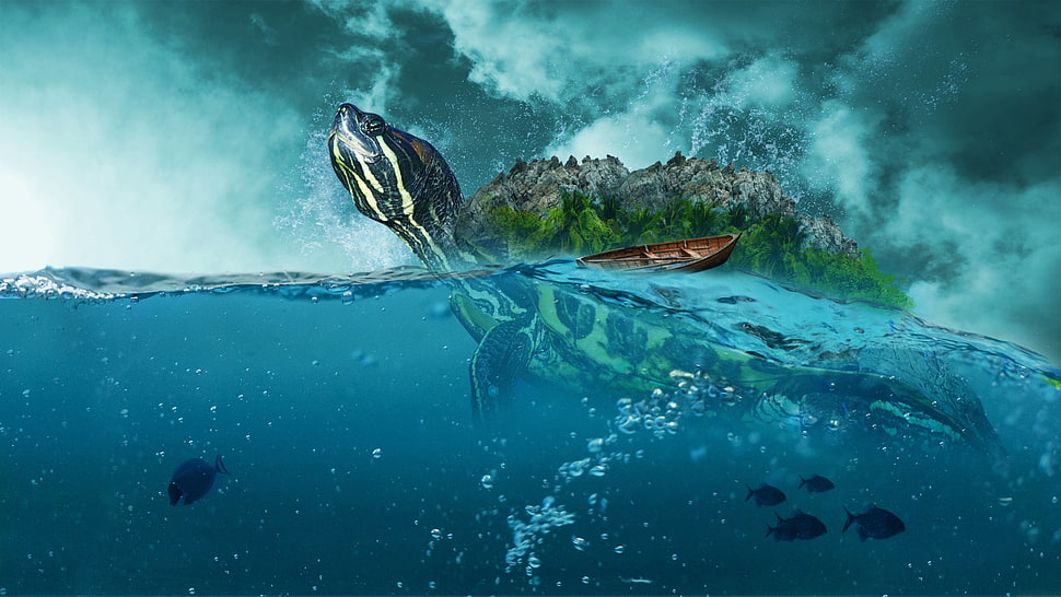 black and brown turtle illustration, digital art, sea, fantasy art HD wallpaper