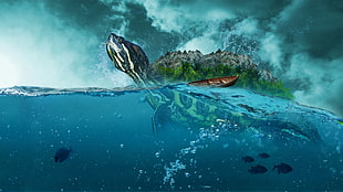 black and brown turtle illustration, digital art, sea, fantasy art
