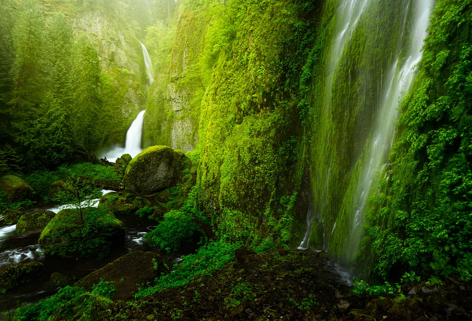 raging water falls on mountains HD wallpaper