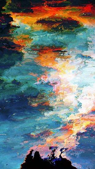 blue, orange, green, white, and red abstract painting, digital art, pattern, vertical, portrait display