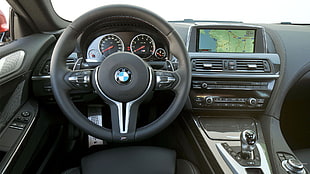 black BMW car steering wheel, BMW M6, coupe, BMW, car interior