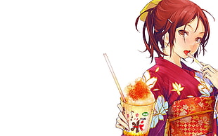 female anime character holding cup with straw