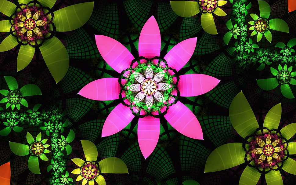 purple and green kaleidoscope graphics HD wallpaper