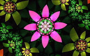 purple and green kaleidoscope graphics HD wallpaper