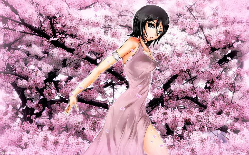 Anime Character wearing purple dress on cherry blossom tree HD wallpaper