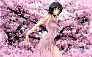 Anime Character wearing purple dress on cherry blossom tree