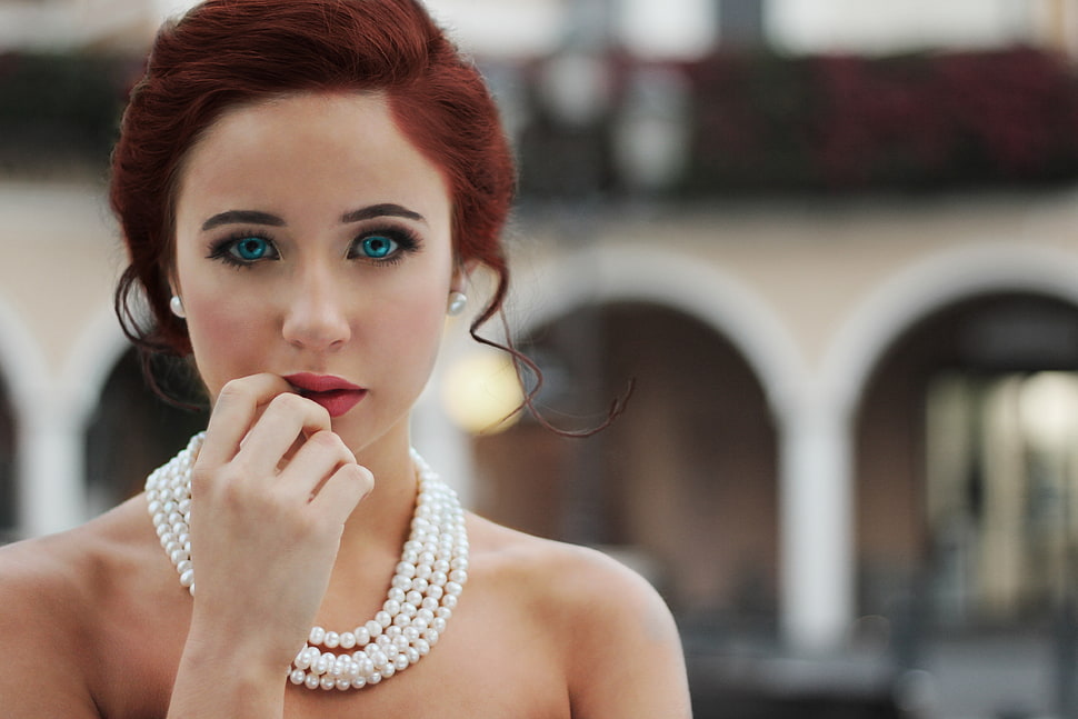 selective focus photography of woman with layered pearl necklace HD wallpaper