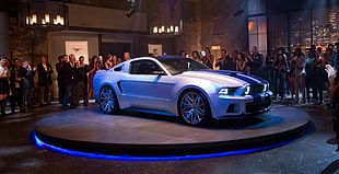 displayed white and black Ford Mustang Shelby surrounded by people inside building HD wallpaper