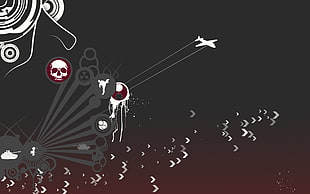 grey, red and white skull, airplane and army tank digital wallpaper