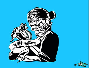 skull holding tattoo machine illustration, tattoo, skull, blue, graffiti