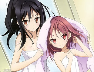 two anime girls wearing bathroom towels HD wallpaper