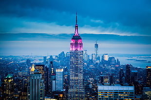 grey and pink concrete building, sky, city, New York City, city lights HD wallpaper