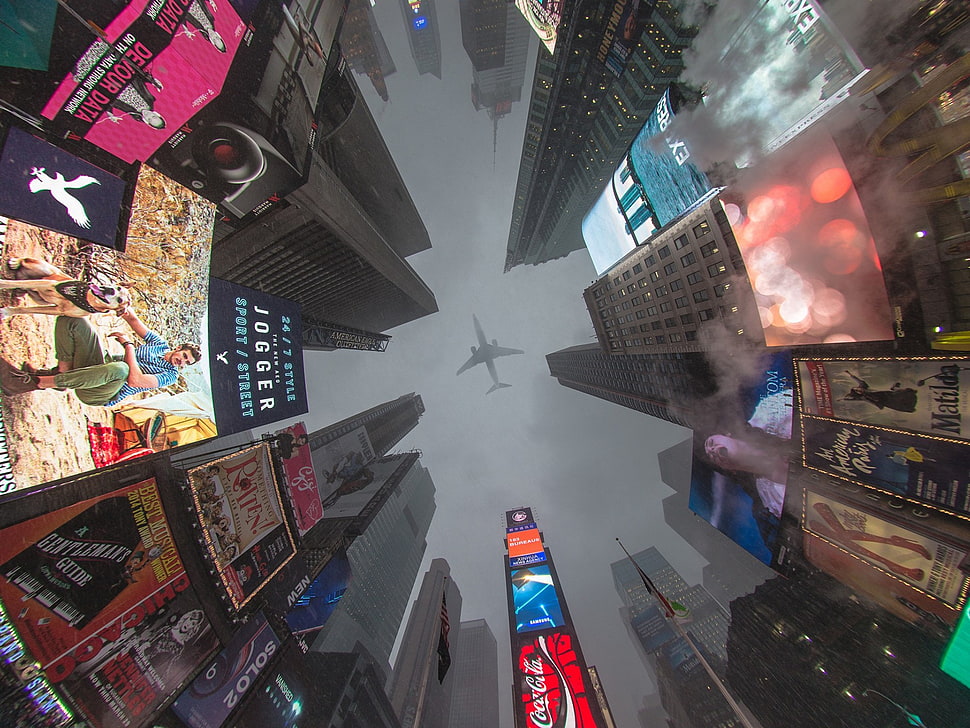 gray airplane, city HD wallpaper