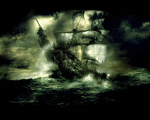 pirate ship illustration, fantasy art, war, Flying Dutchman, ship
