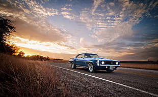 blue muscle car on gray asphalt road during sun down photography