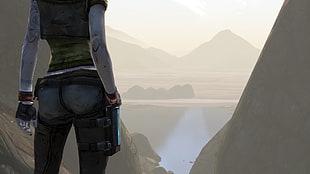 woman with weapon near the mountain graphic wallpaper