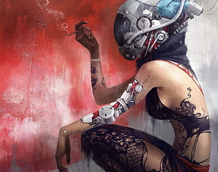 cyborg woman with tattoos painting