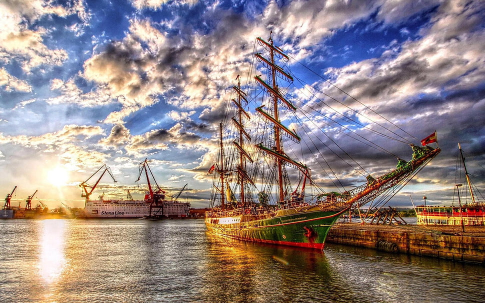 green and brown galleon, sailing ship, HDR, ship HD wallpaper