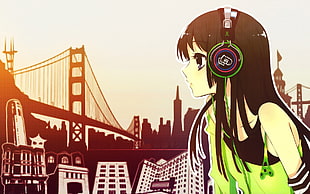 female anime character with black hair staring in silhouette bridge