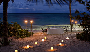 white tablecloth, vacation, candles, sea, beach HD wallpaper
