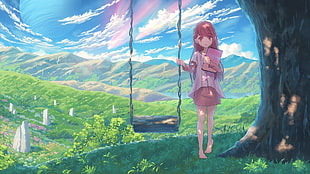 female anime character standing beside swing chair under tree illustration, clouds, dress, barefoot, shelter video HD wallpaper