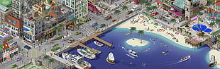 ships docked on seashore and concrete buildings illustration