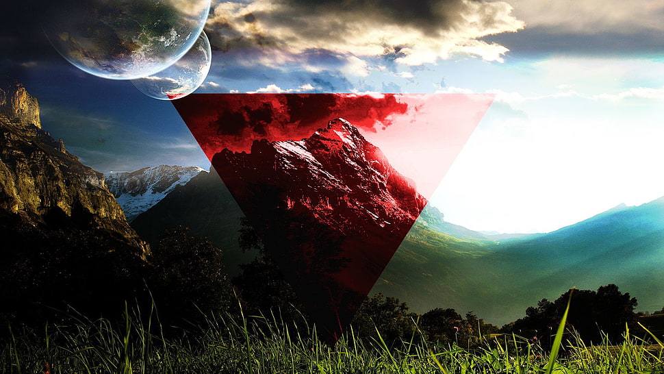 red triangle on mountain digital wallpaper, digital art, landscape, planet HD wallpaper