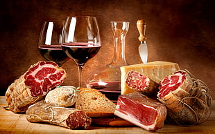 raw meats and wine glasses, meat, cheese, wine, food