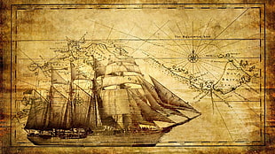 ship chart, map, ship, sailing ship, artwork HD wallpaper