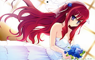 girl in red hair and grey dress animated character digital wallpaper