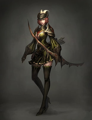 female anime character wearing green dress holding brown bow illustration, Atlantica Online