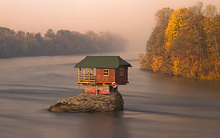 brown wooden house, house, water, Serbia HD wallpaper