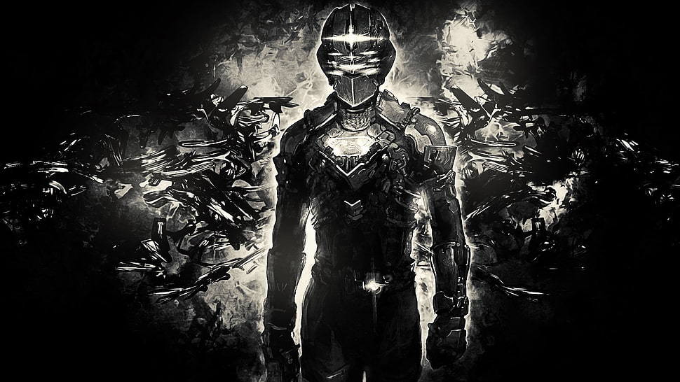 person wearing helmet digital wallpaper, video games, monochrome, artwork, Dead Space HD wallpaper