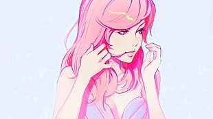 pink haired female anime character, pink hair, Ilya Kuvshinov, pink eyes, simple background