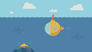 yellow submarine animated photo, sea, minimalism, submarine, treasure
