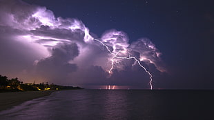 photo of thunder over the ocean, nature, landscape, clouds, lightning HD wallpaper