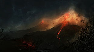volcanic eruption illustration HD wallpaper