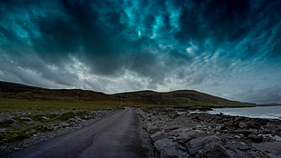 empty road under nimbus clouds wallpaper, Ireland, blue