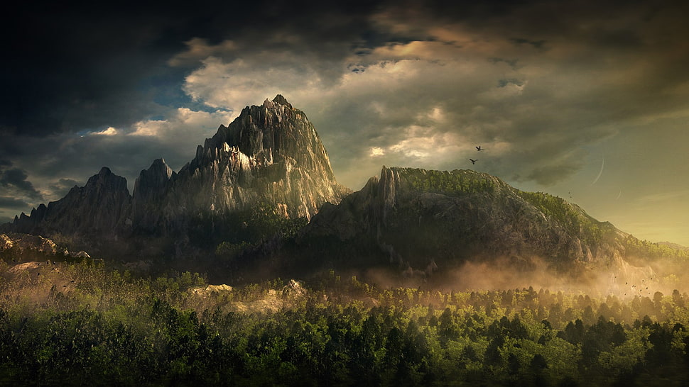 green and brown mountain, fantasy art, landscape, sky HD wallpaper