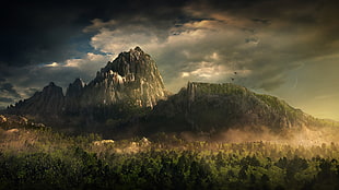 green and brown mountain, fantasy art, landscape, sky